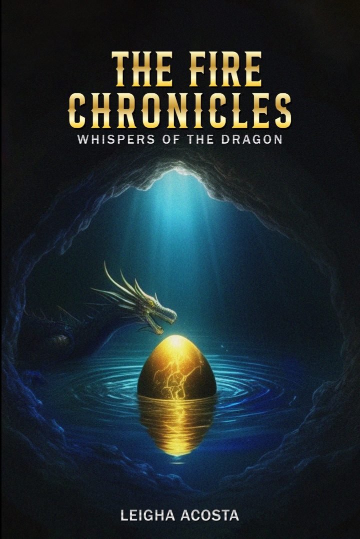 Cover of The Fire Chronicles: Whispers of the Dragon by Leigha Acosta — a golden dragon egg glowing in an underwater cave